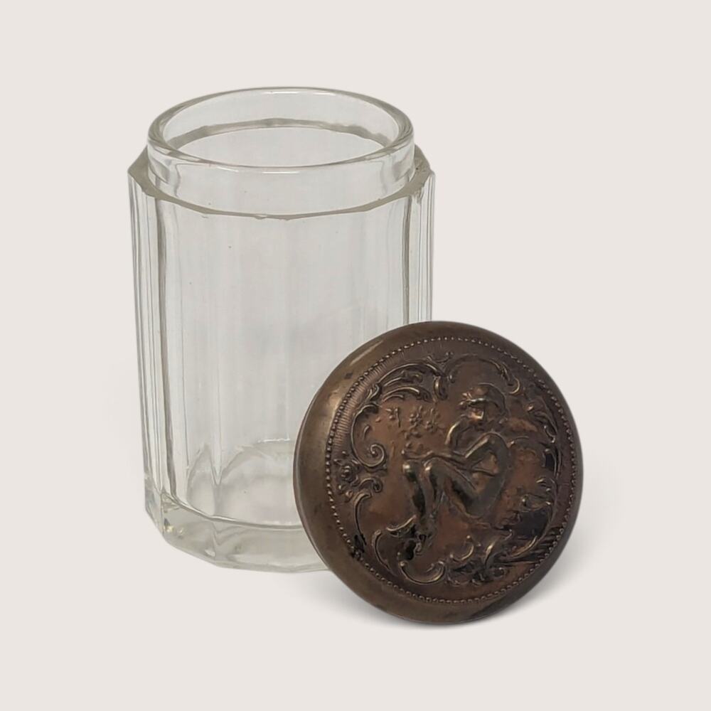 Vintage Faceted Glass Vanity Jar Embossed Metal Lid Trinket Holder